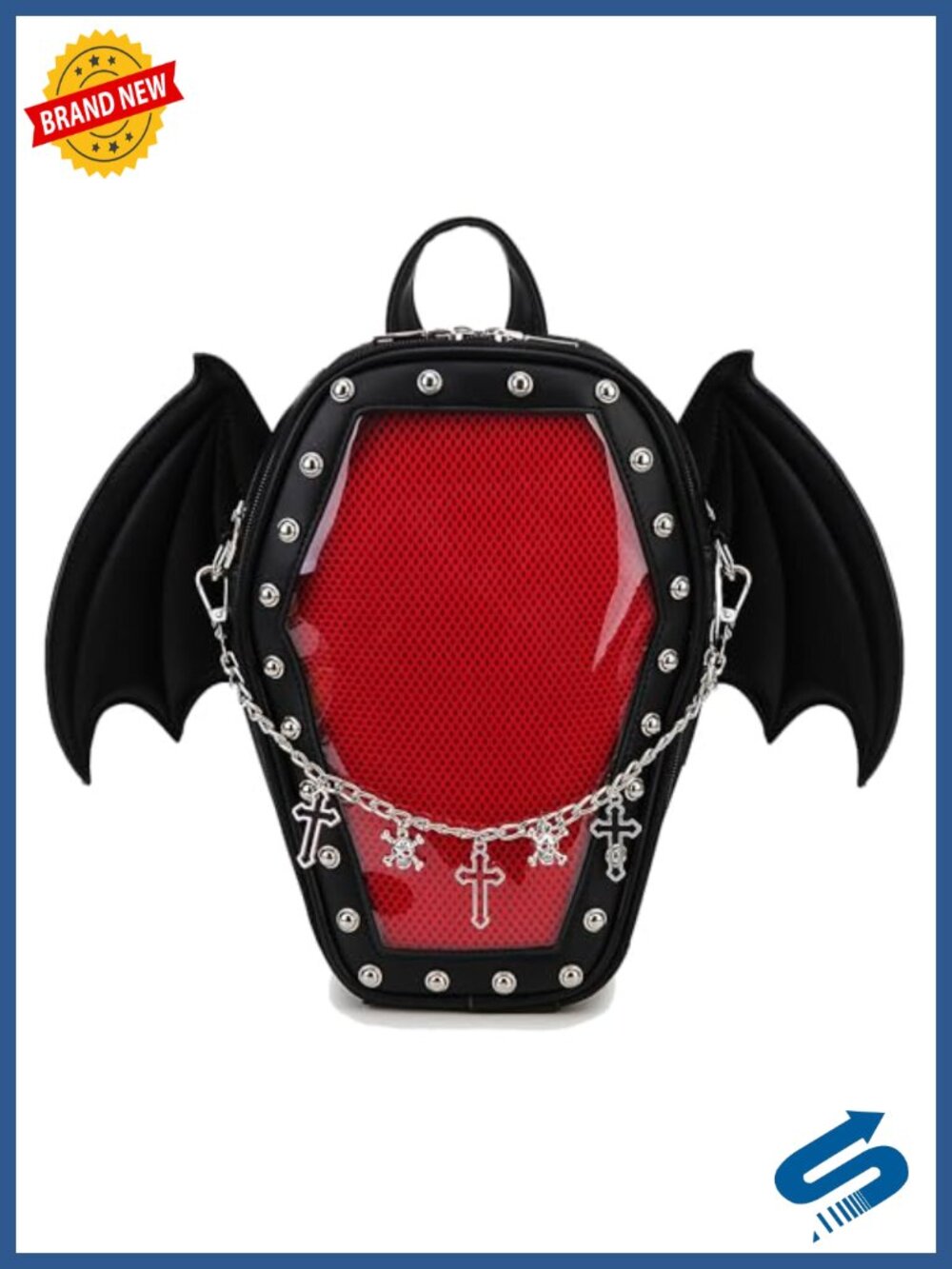 Coffin Backpack with Detachable Bat Wing, Faux Leather, Enamel Pin Display,
